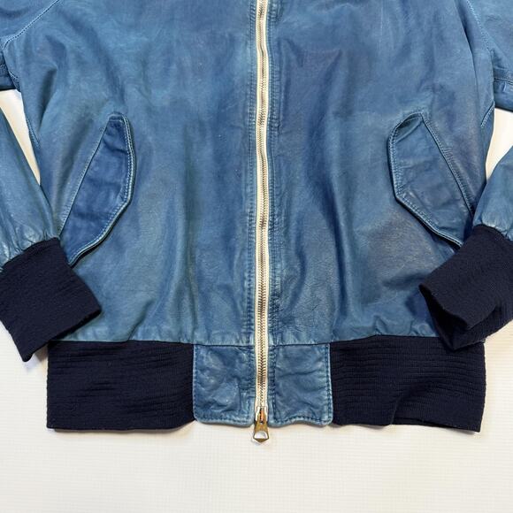 Brogden Track Jacket Mens Large Blue Leather Bomber Raglan Two-Way Zip Rib Knit - Picture 2 of 16